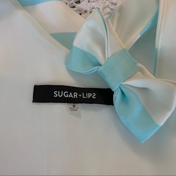 SUGAR LIPS BLUE WHITE STRIPED PLUM TOP WITH BOWS - Picture 8 of 11